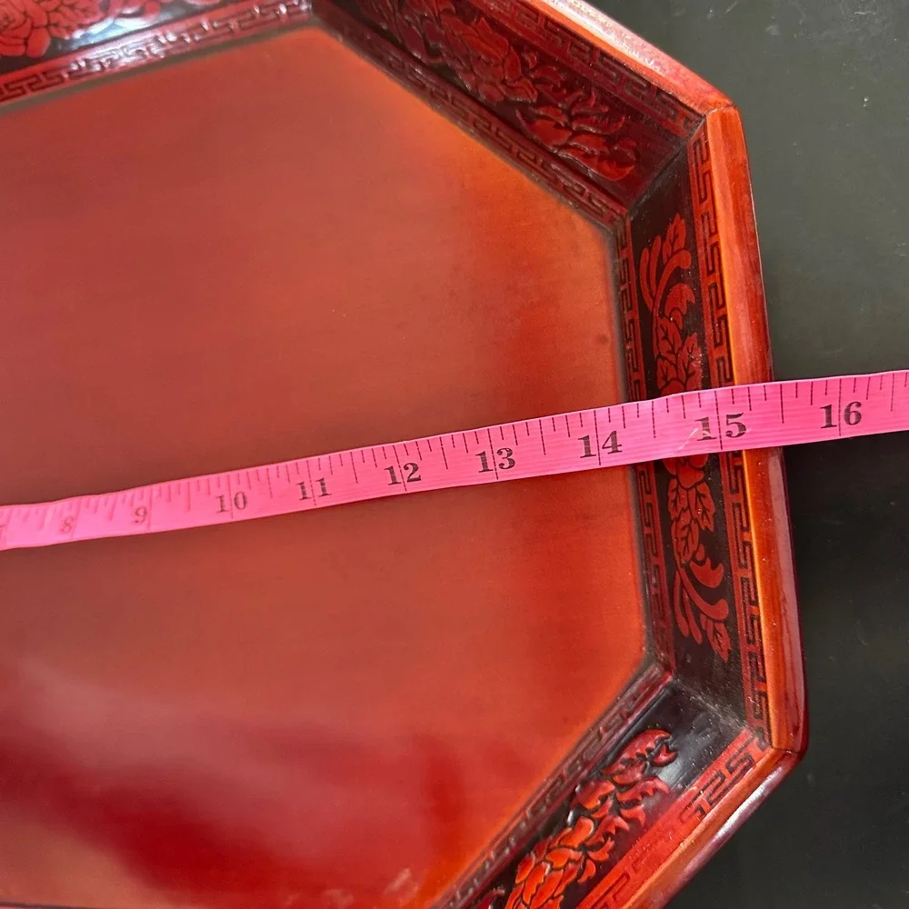 VTG Korean Red Lacquer Nesting Trays 6pc Set Octagon Carved Floral Asian Decor